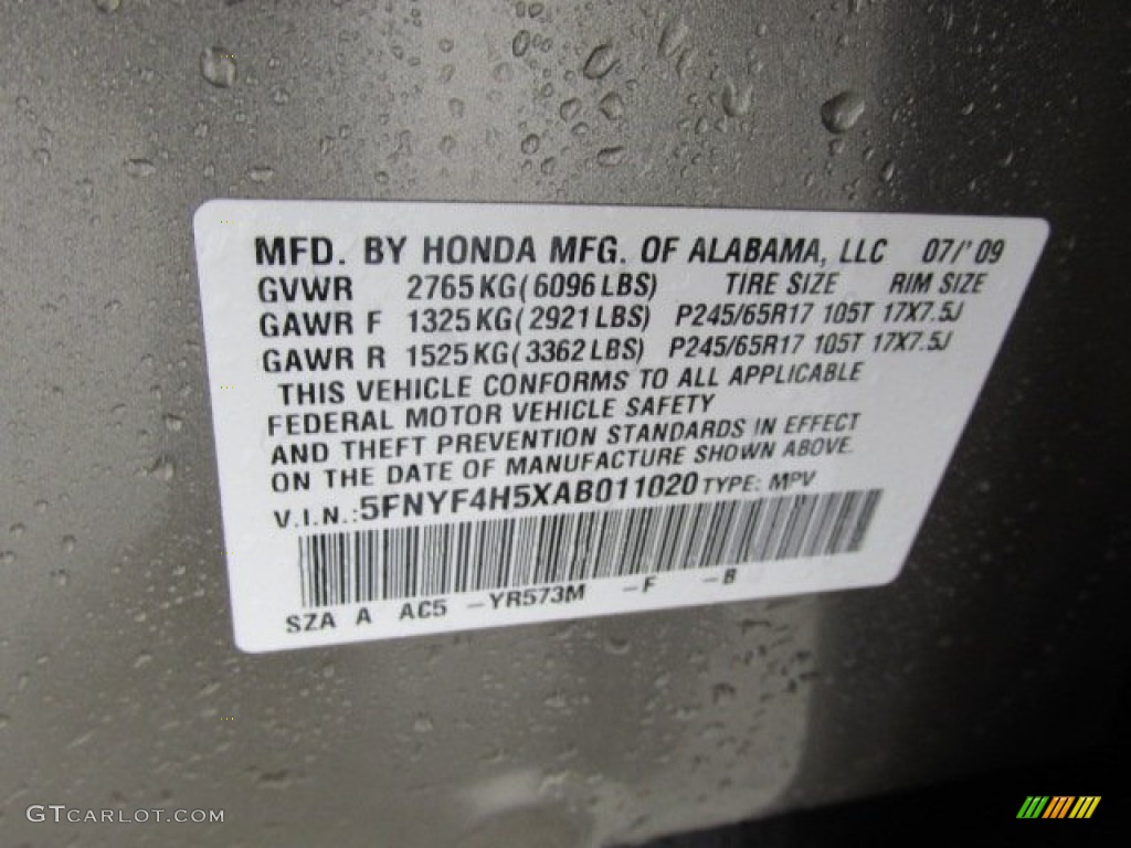 2010 Honda Pilot EX-L 4WD Color Code Photos