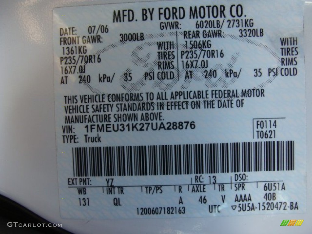 2007 Explorer Sport Trac Color Code YZ for Oxford White Photo #76914010