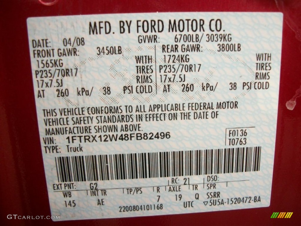 2008 Ford F150 XL SuperCab Color Code Photos