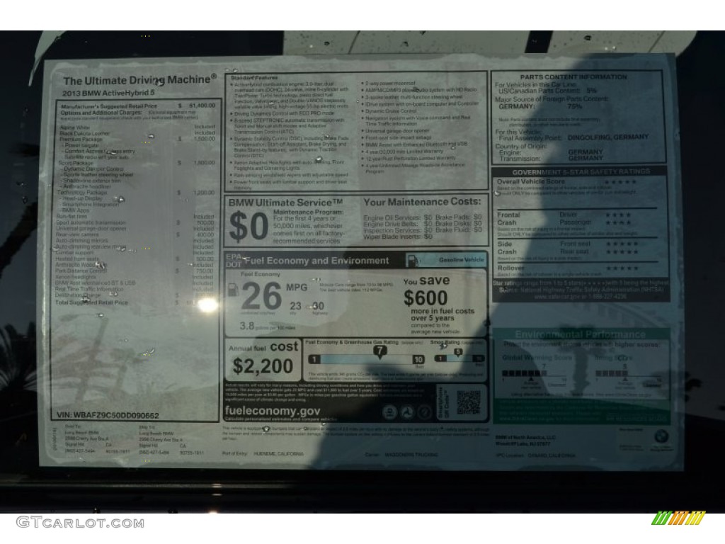 2013 BMW 5 Series ActiveHybrid 5 Window Sticker Photo #76919026