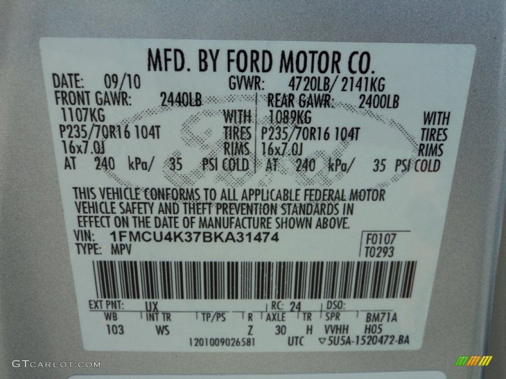 2011 Ford Escape Hybrid 4WD Color Code Photos