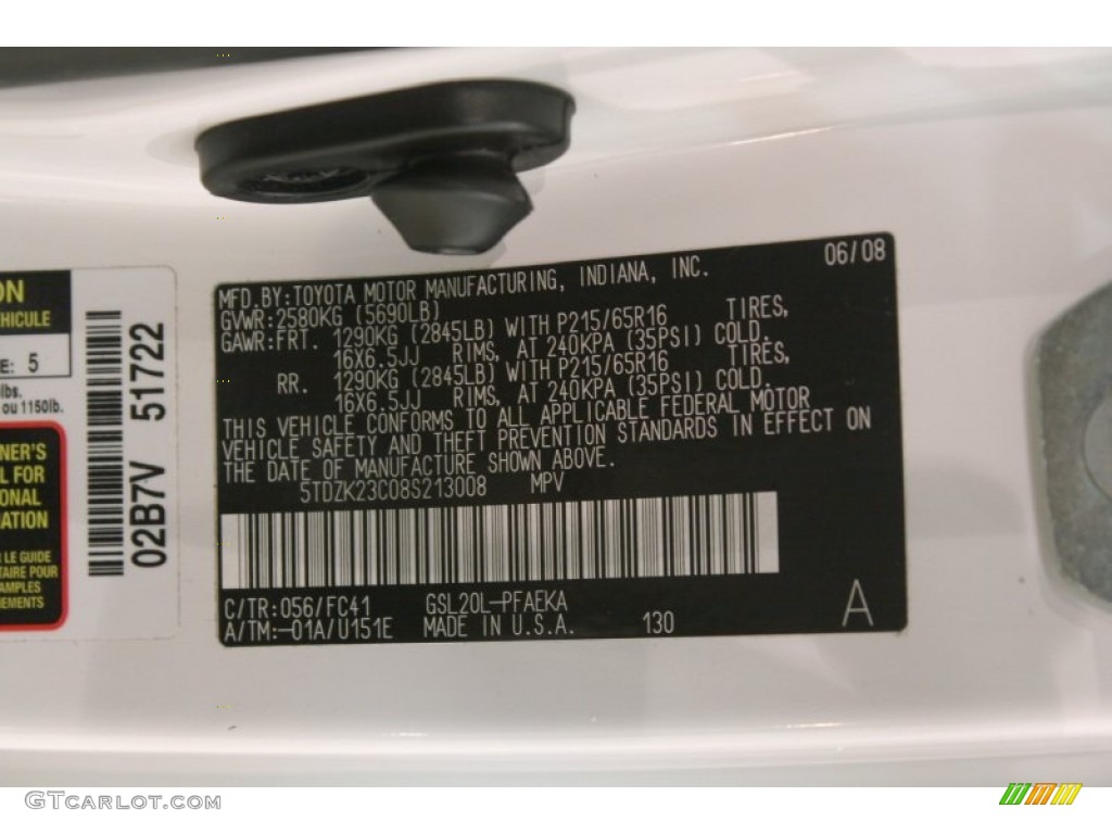 2008 Sienna Color Code 056 for Natural White Photo #76924321