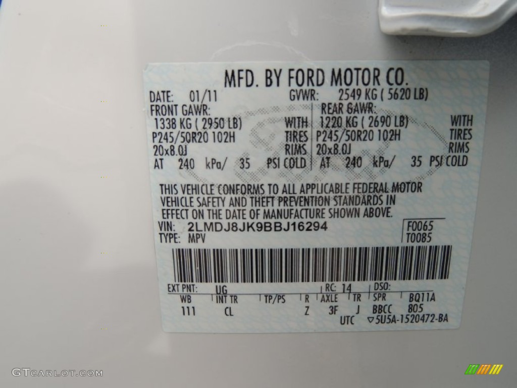 2011 MKX Color Code UG for White Platinum Tri-Coat Photo #76935221