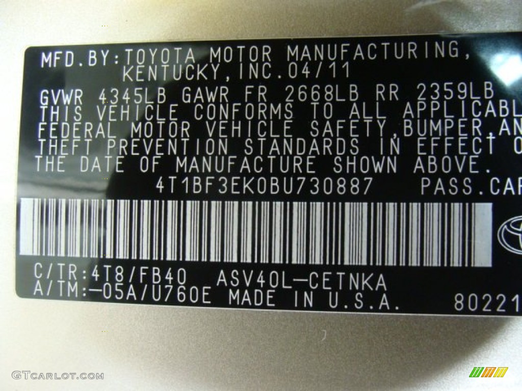 2011 Camry Color Code 4T8 for Sandy Beach Metallic Photo #76941982