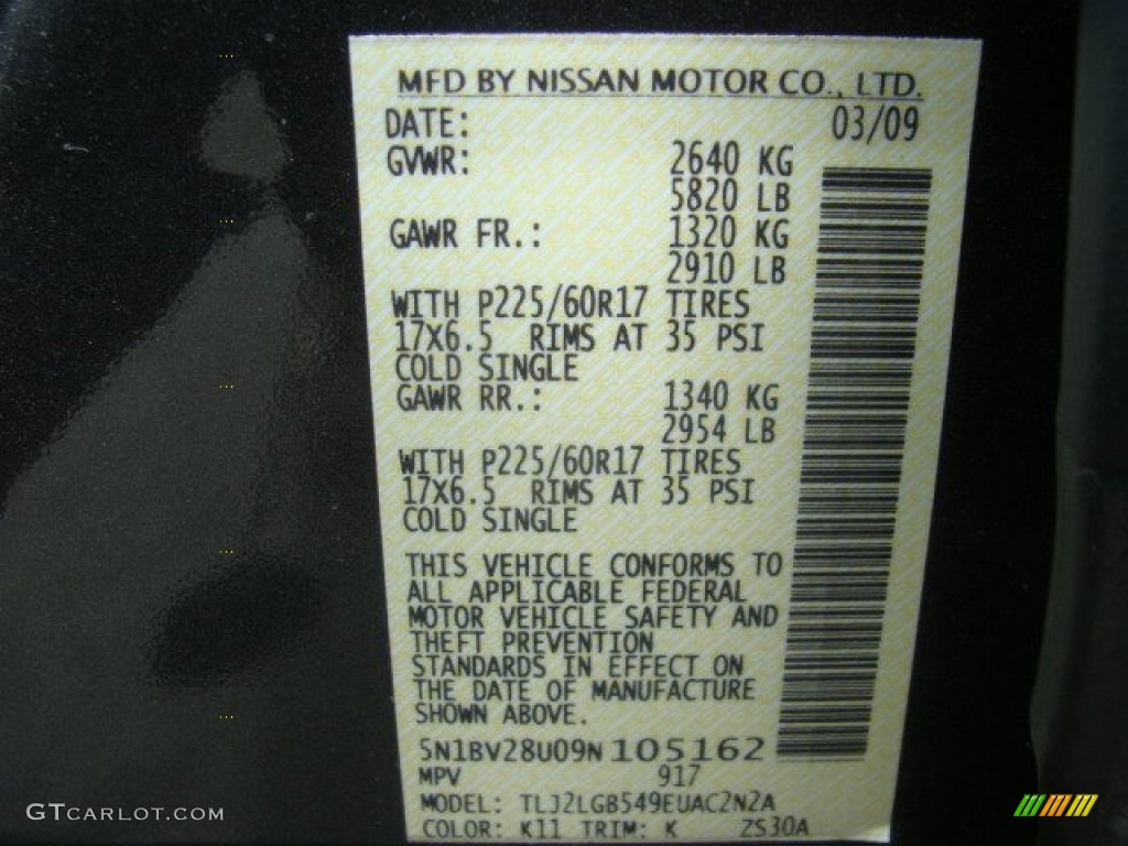 2009 Nissan Quest 3.5 SE Color Code Photos