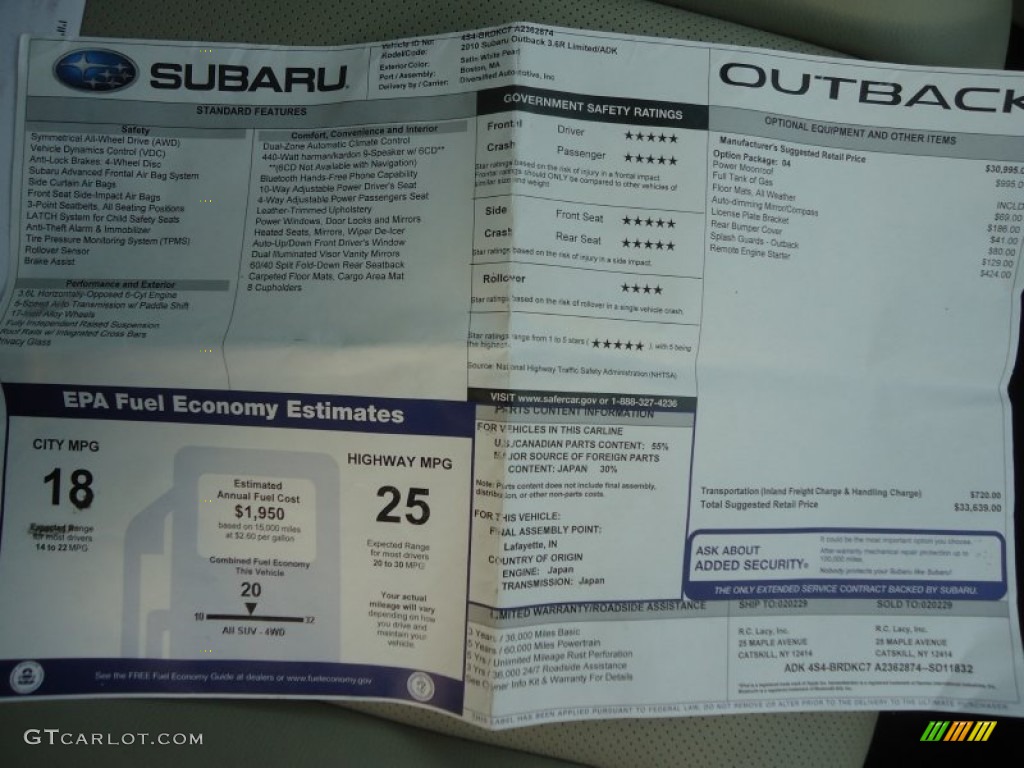 2010 Subaru Outback 3.6R Limited Wagon Window Sticker Photo #76954184