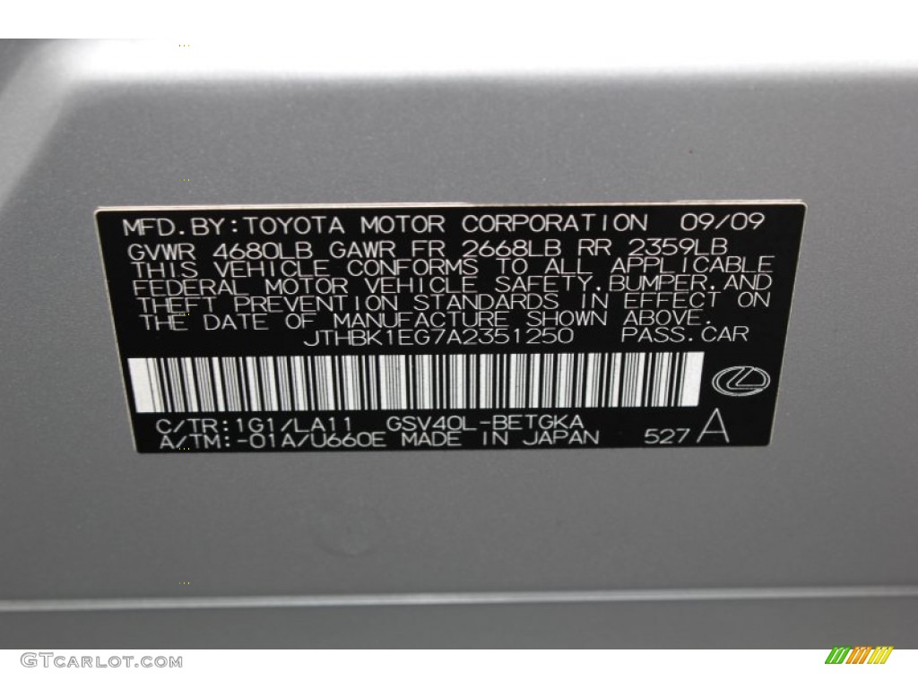 2010 ES Color Code 1G1 for Tungsten Silver Pearl Photo #76980790