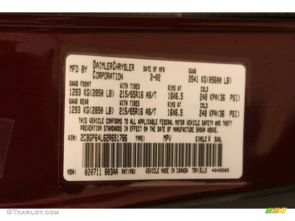 2002 Town & Country Color Code PRV for Dark Garnet Red Pearlcoat Photo #76997505