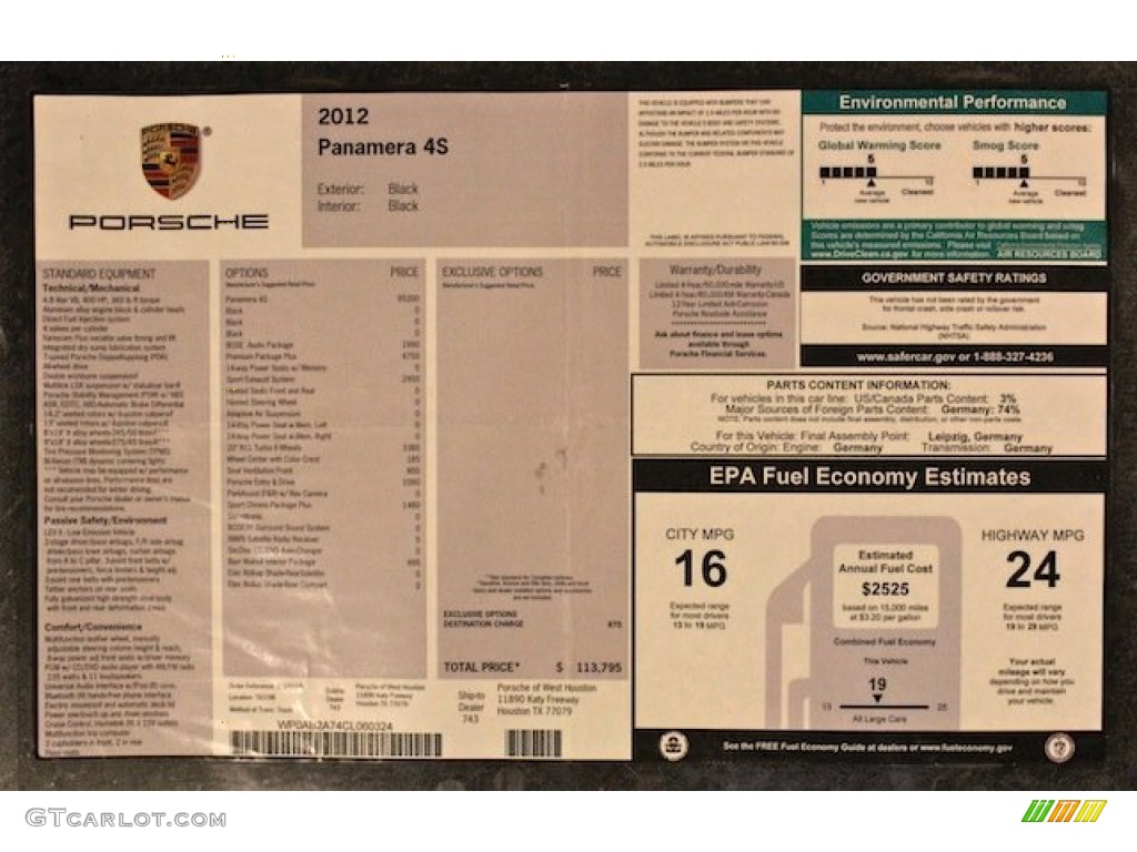 2012 Porsche Panamera 4S Window Sticker Photo #76999396