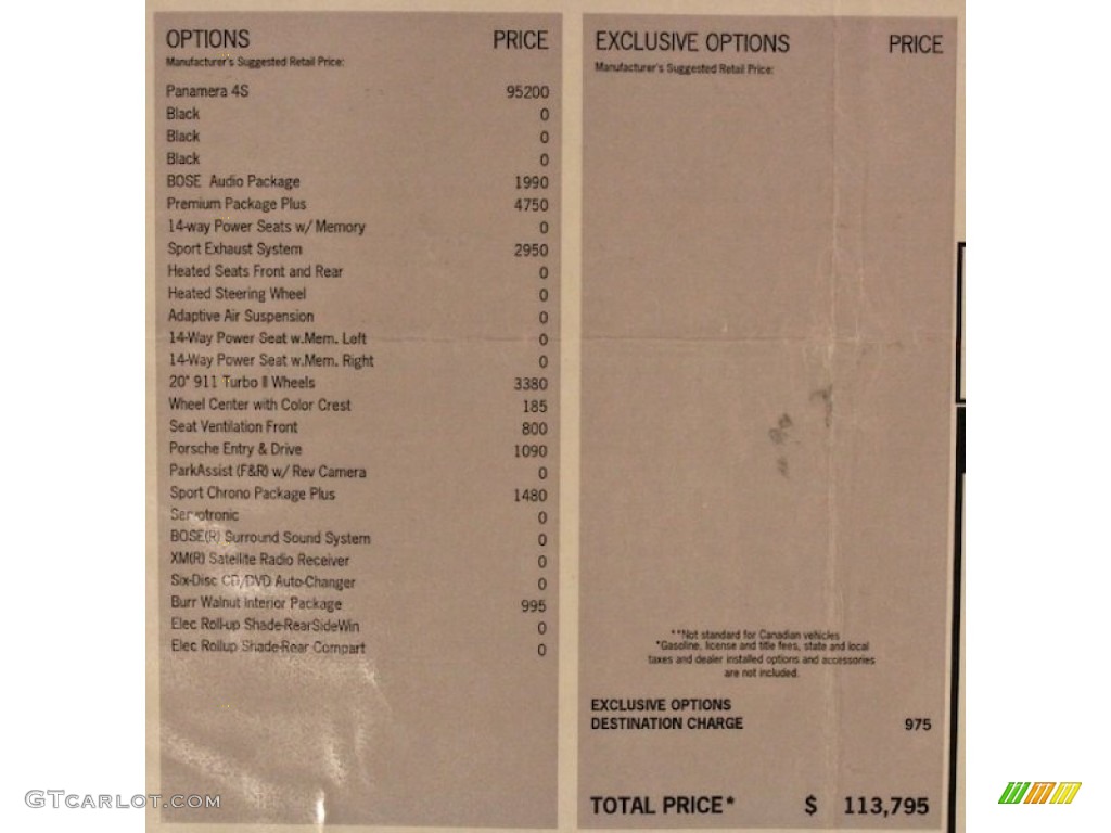 2012 Porsche Panamera 4S Window Sticker Photos