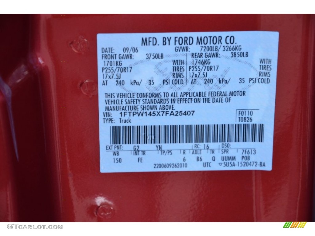 2007 F150 Color Code G2 for Redfire Metallic Photo #77002645