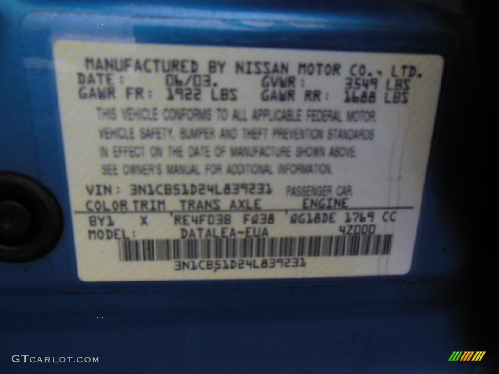 2004 Sentra Color Code BY1 for Vibrant Blue Photo #77005150