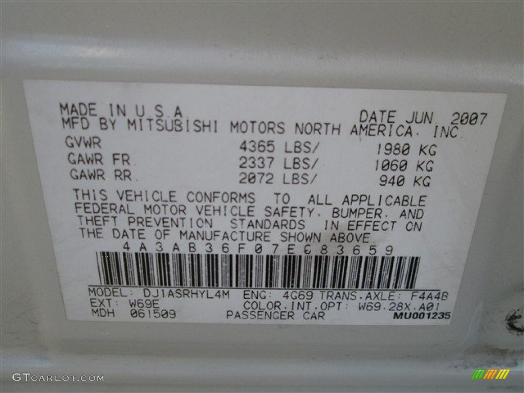 2007 Galant Color Code W69 for Dover White Pearl Photo #77006346