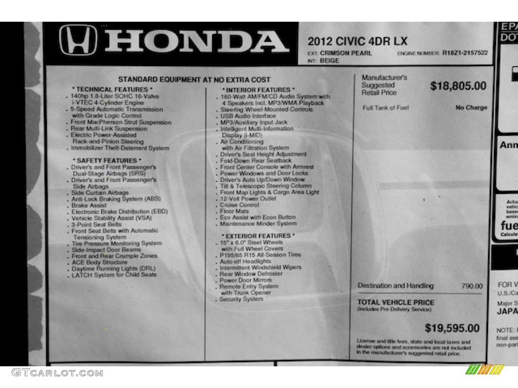 2013 Honda Civic LX Sedan Window Sticker Photo #77006976