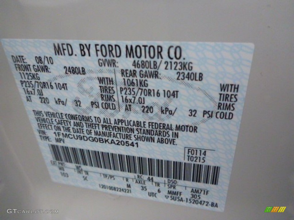 2011 Ford Escape XLT V6 4WD Color Code Photos