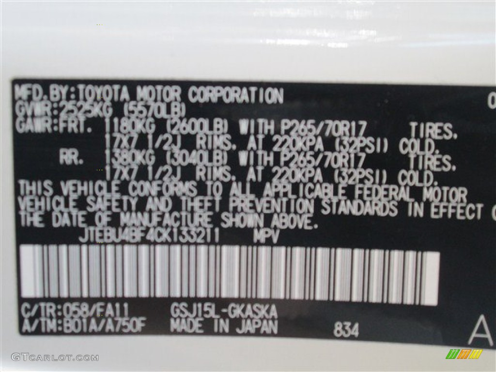 2012 Toyota FJ Cruiser 4WD Color Code Photos