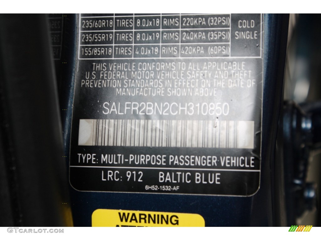 2012 LR2 Color Code 912 for Baltic Blue Metallic Photo #77058955