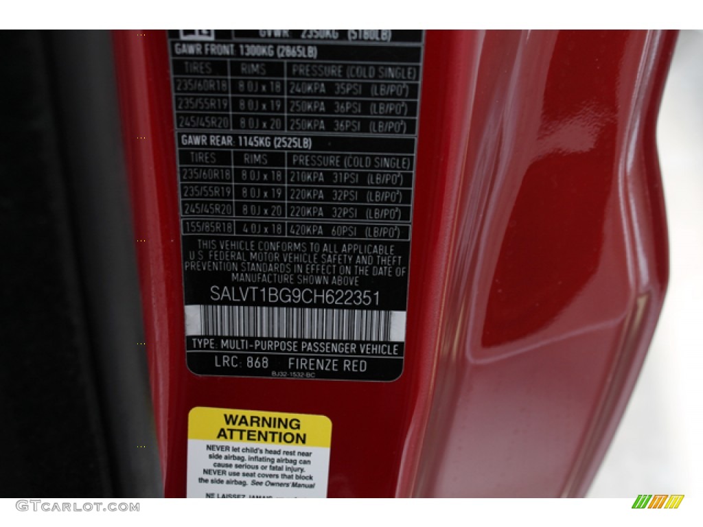 2012 Range Rover Evoque Color Code 868 for Firenze Red Metallic Photo #77059600