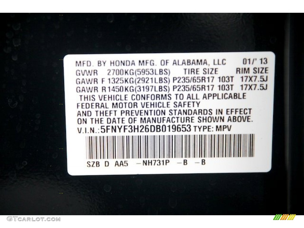 2013 Pilot Color Code NH731P for Crystal Black Pearl Photo #77059774