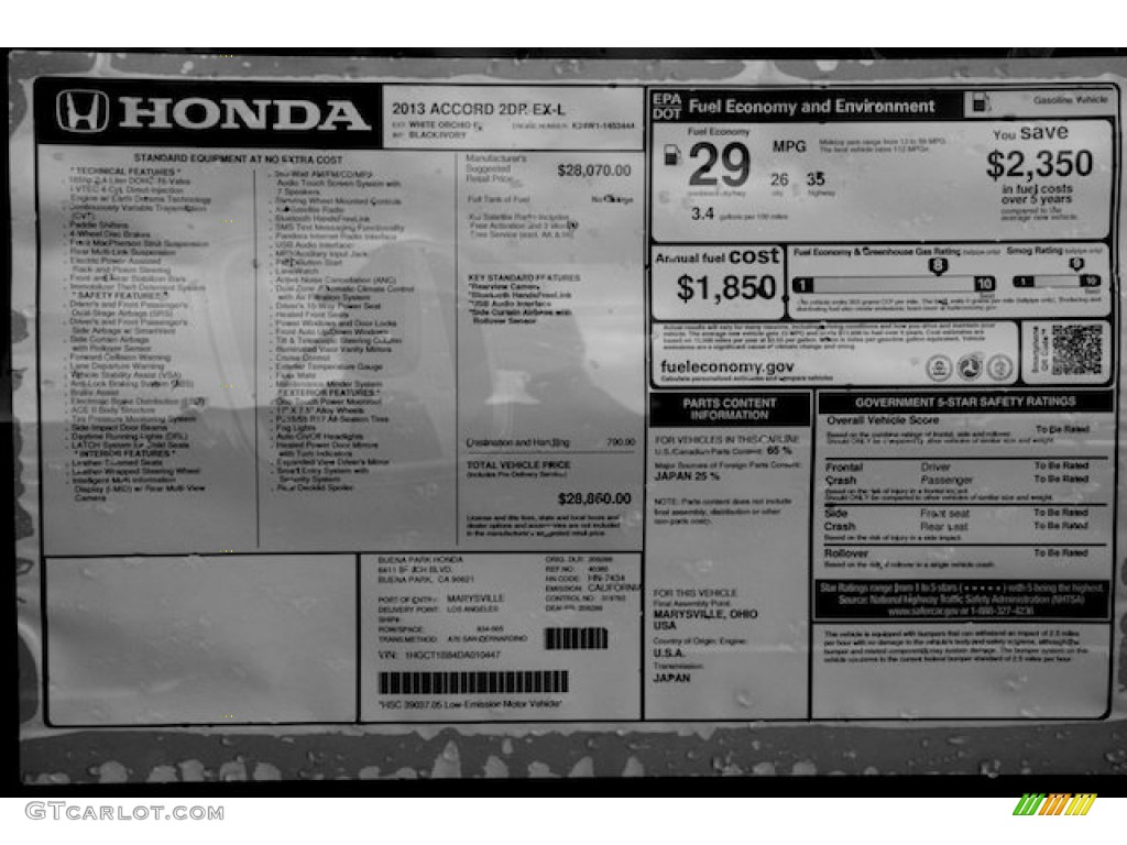 2013 Honda Accord EX-L Coupe Window Sticker Photo #77061988