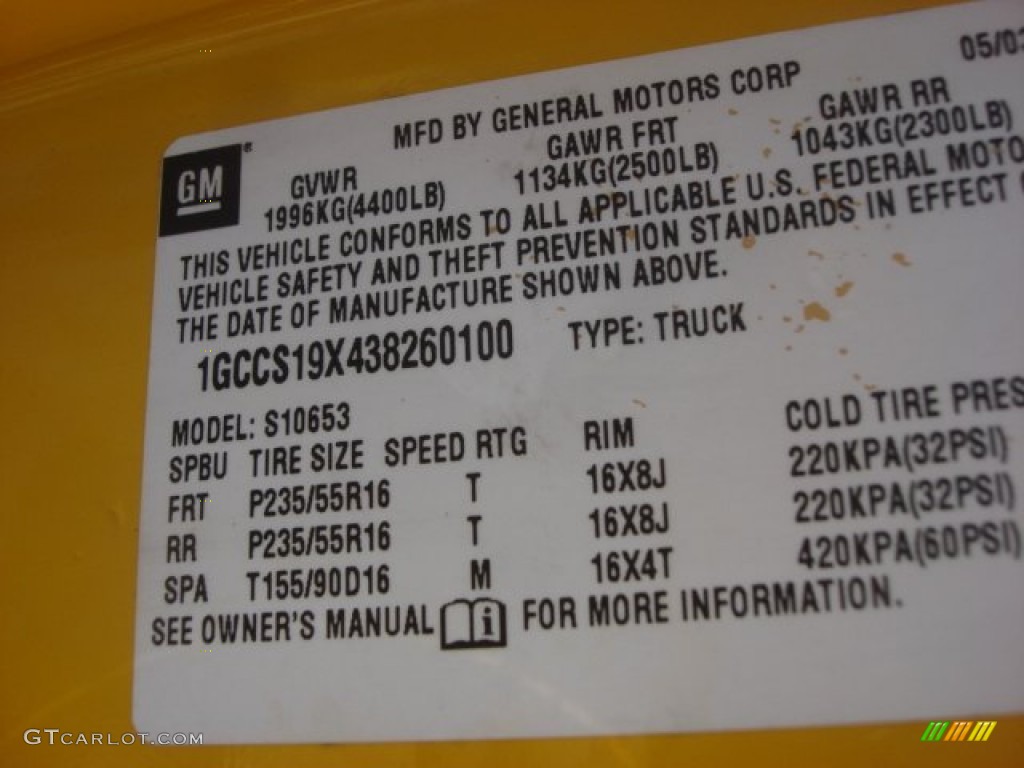 2003 Chevrolet S10 Xtreme Extended Cab Info Tag Photos