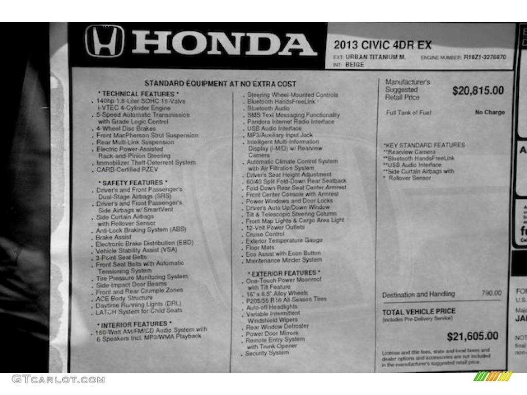 2013 Honda Civic EX Sedan Window Sticker Photo #77091572