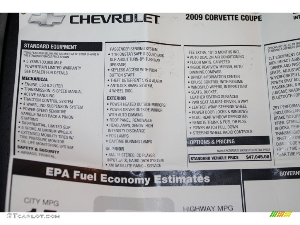 2009 Chevrolet Corvette Coupe Window Sticker Photo #77092919