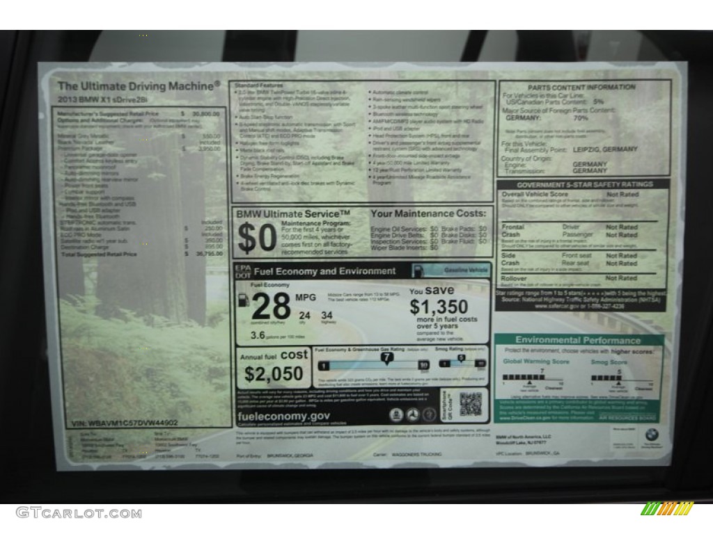 2013 BMW X1 sDrive 28i Window Sticker Photo #77094977