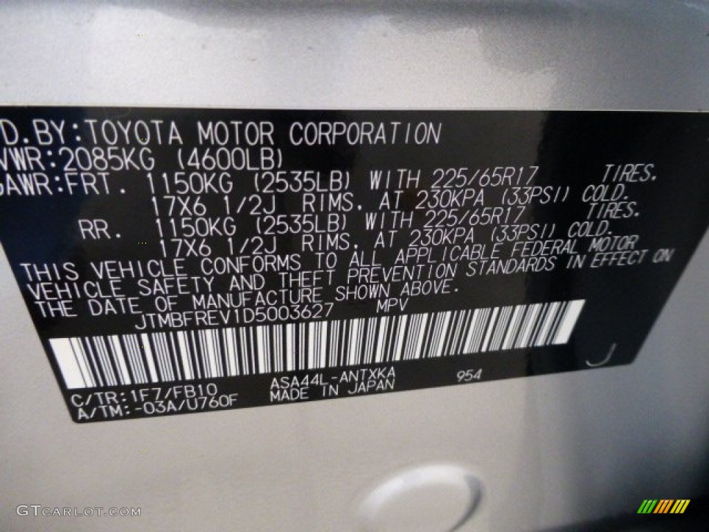 2013 RAV4 Color Code 1F7 for Classic Silver Metallic Photo #77111759