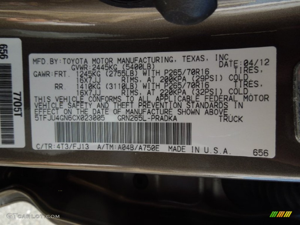 2012 Toyota Tacoma V6 TRD Prerunner Double Cab Color Code Photos