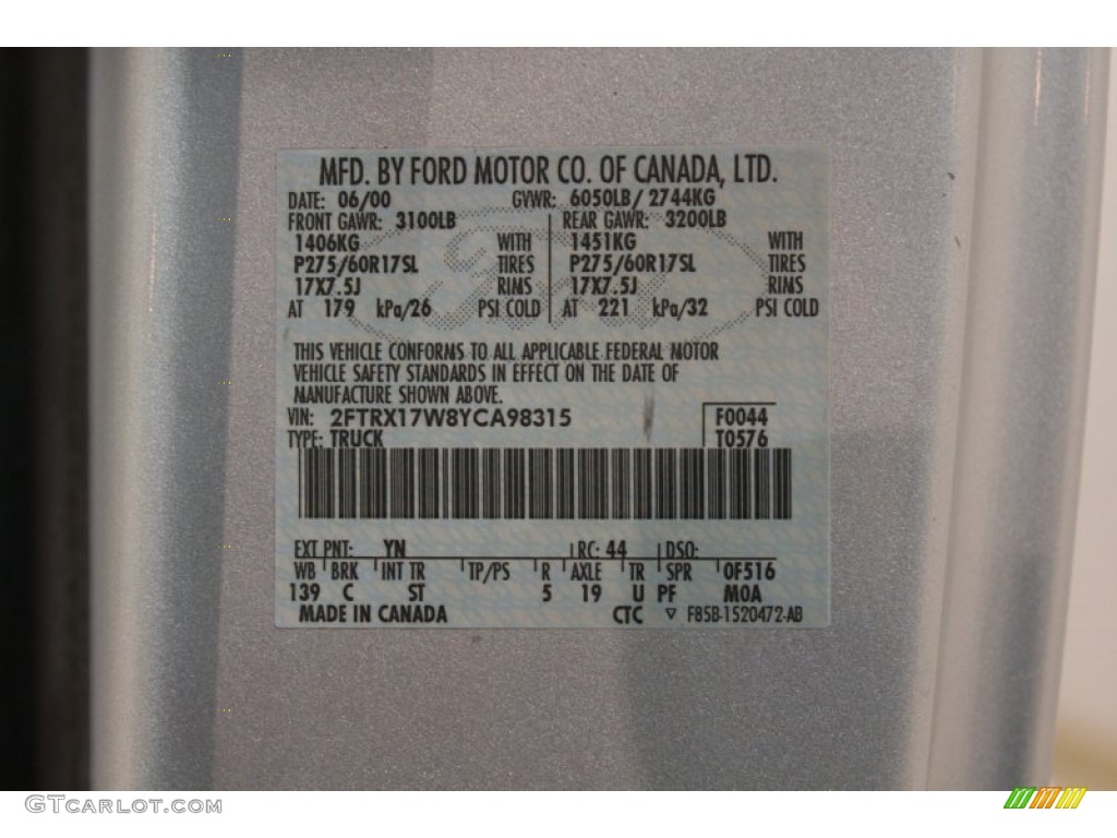 2000 F150 Color Code YN for Silver Metallic Photo #77121099
