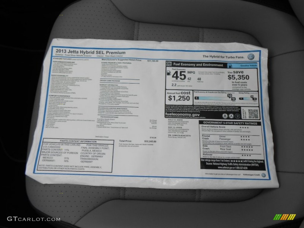 2013 Volkswagen Jetta Hybrid SEL Premium Window Sticker Photo #77121377