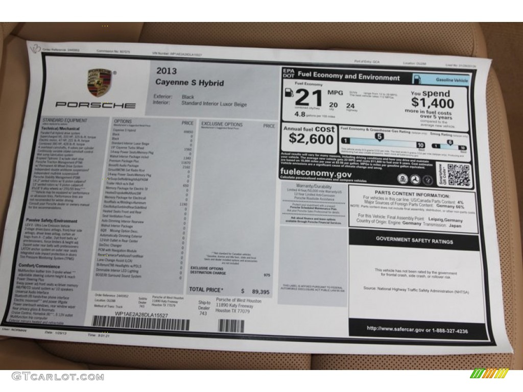 2013 Porsche Cayenne S Hybrid Window Sticker Photo #77121671