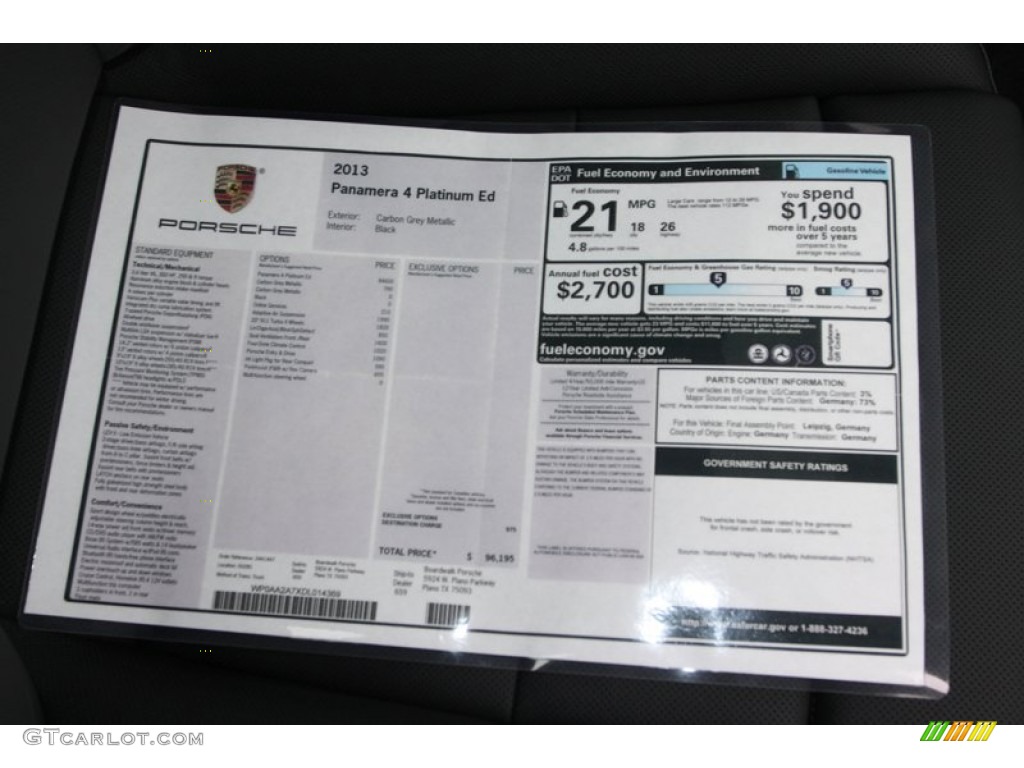 2013 Porsche Panamera V6 Window Sticker Photo #77122319