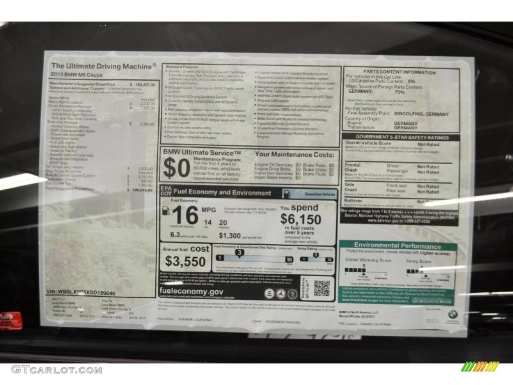 2013 BMW M6 Coupe Window Sticker Photo #77125371