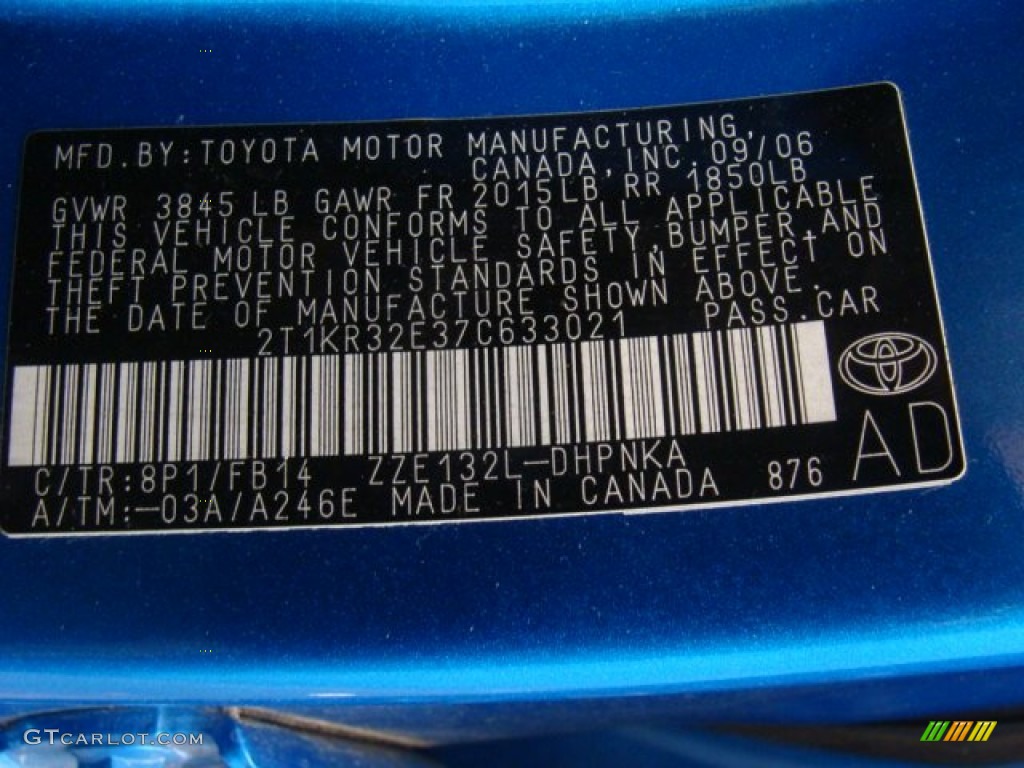 2007 Toyota Matrix Standard Matrix Model Color Code Photos