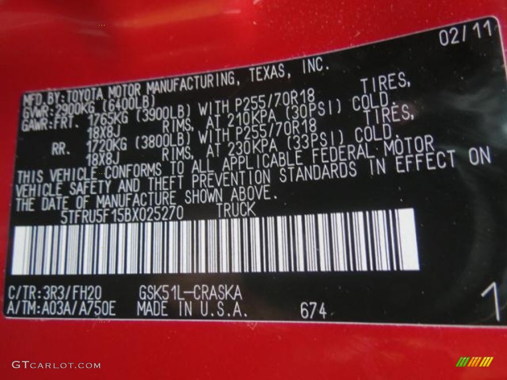 2011 Tundra Color Code 3R3 for Barcelona Red Metallic Photo #77131759