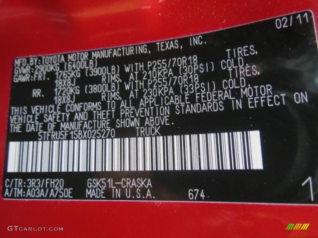 2011 Tundra Color Code 3R3 for Barcelona Red Metallic Photo #77131759