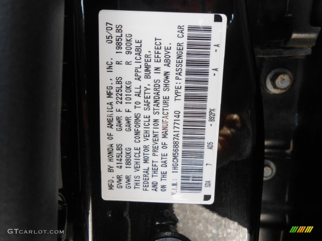 2007 Accord Color Code B92PX for Nighthawk Black Pearl Photo #77144055
