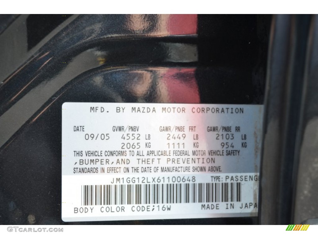 2006 MAZDA6 Color Code 16W for Black Mica Photo #77160657