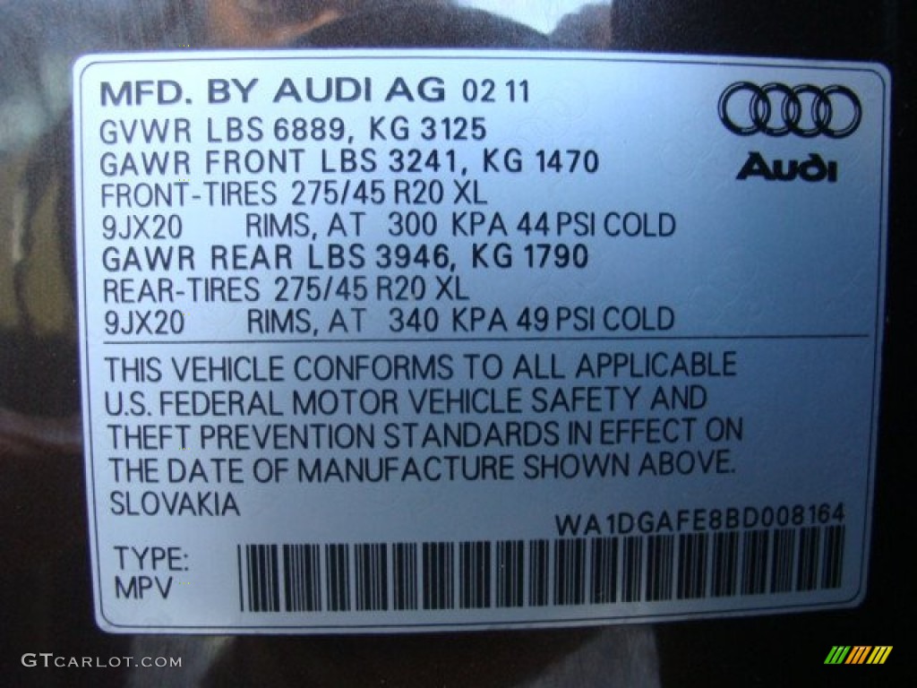 2011 Audi Q7 3.0 TFSI S line quattro Info Tag Photo #77174267