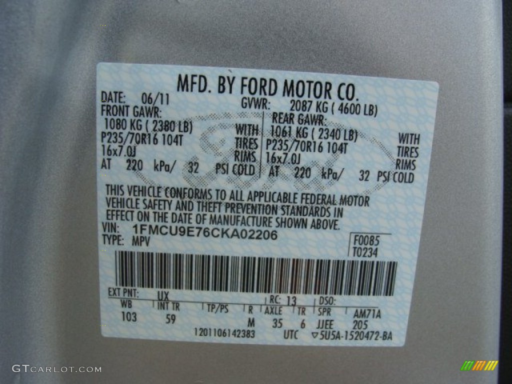 2012 Ford Escape Limited 4WD Color Code Photos