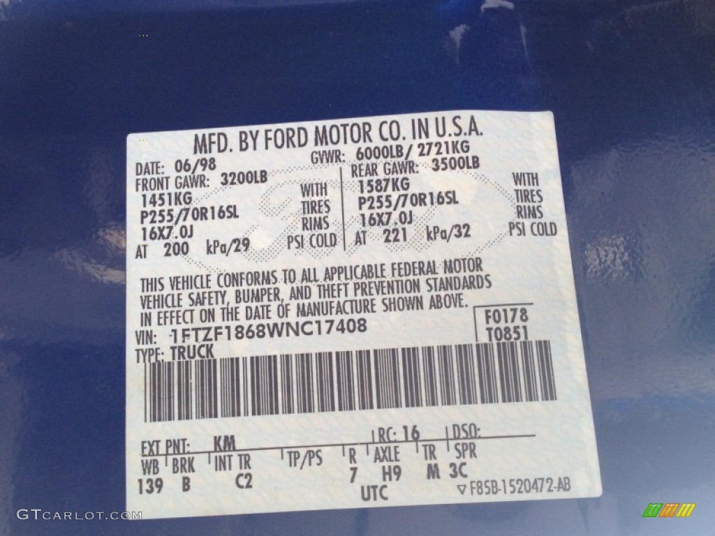 1998 F150 Color Code KM for Royal Blue Metallic Photo #77185688