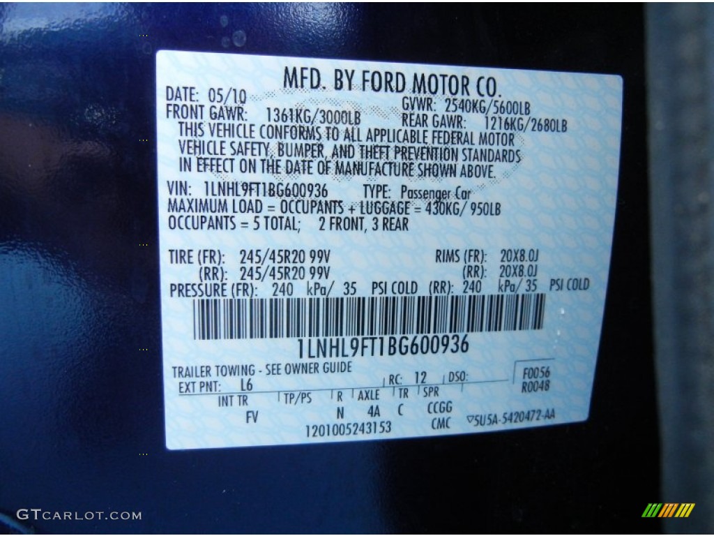 2011 MKS Color Code L6 for Kona Blue Metallic Photo #77211950