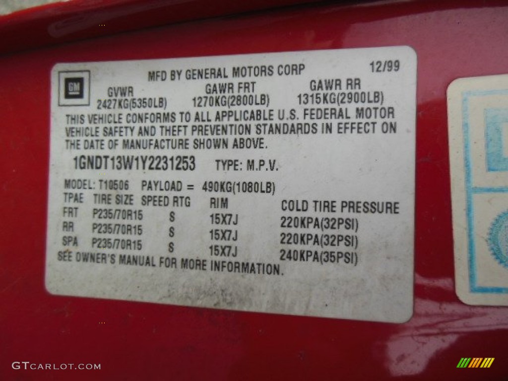2000 Chevrolet Blazer LS 4x4 Info Tag Photo #77213342