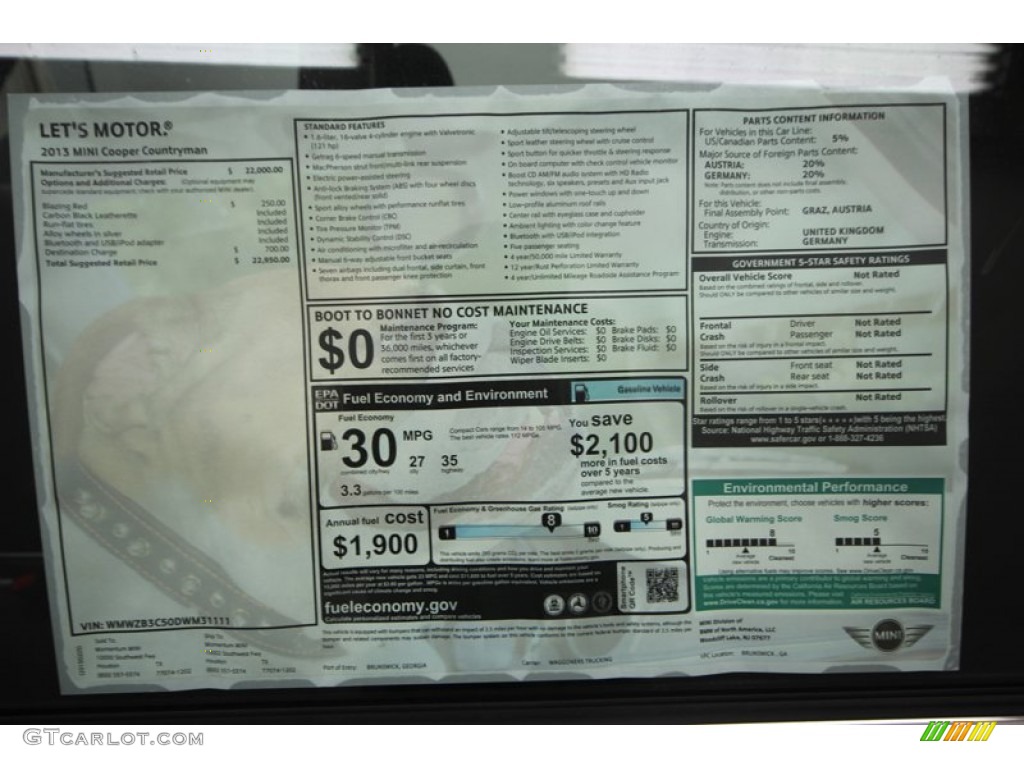 2013 Mini Cooper Countryman Window Sticker Photo #77217767