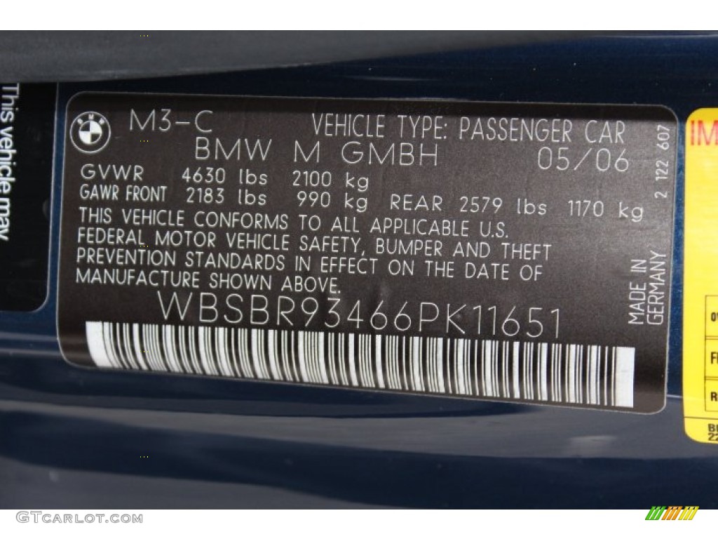 2006 BMW M3 Convertible Info Tag Photos