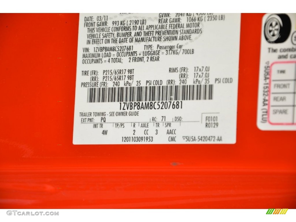 2012 Mustang Color Code PQ for Race Red Photo #77231727