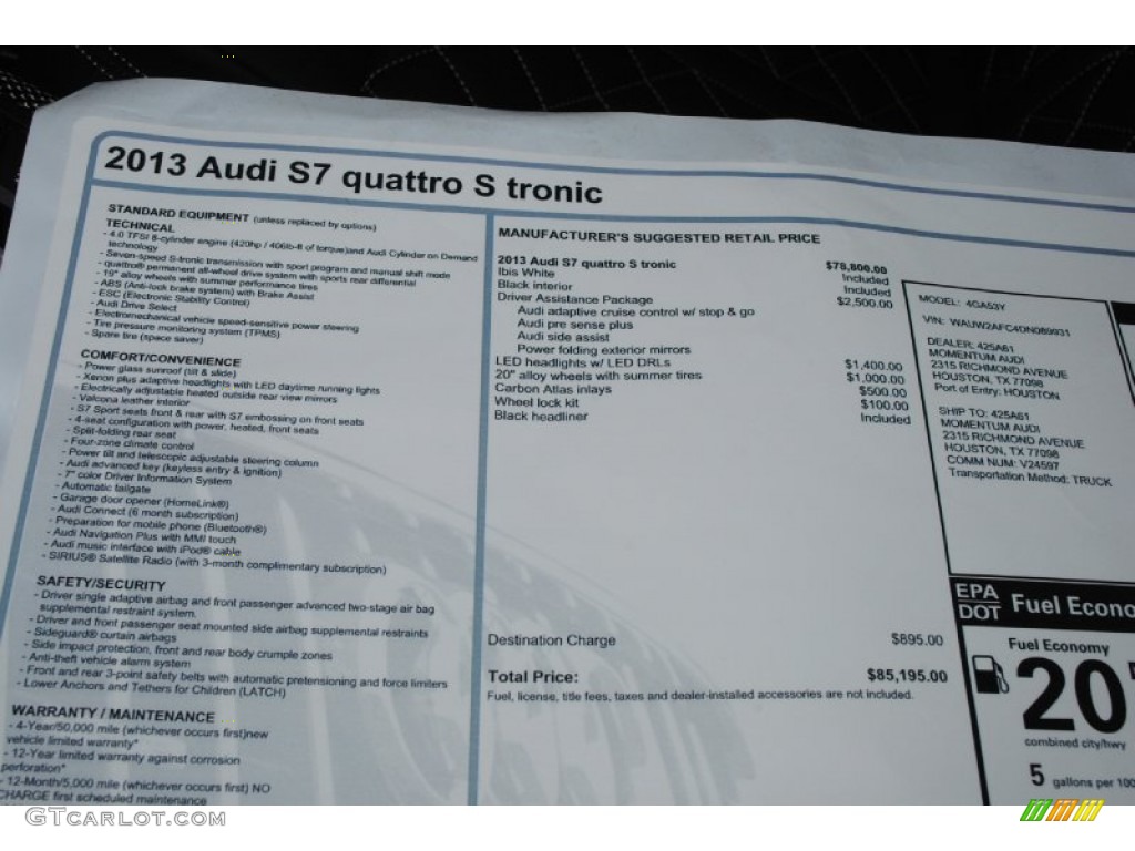 2013 Audi S7 4.0 TFSI quattro Window Sticker Photos
