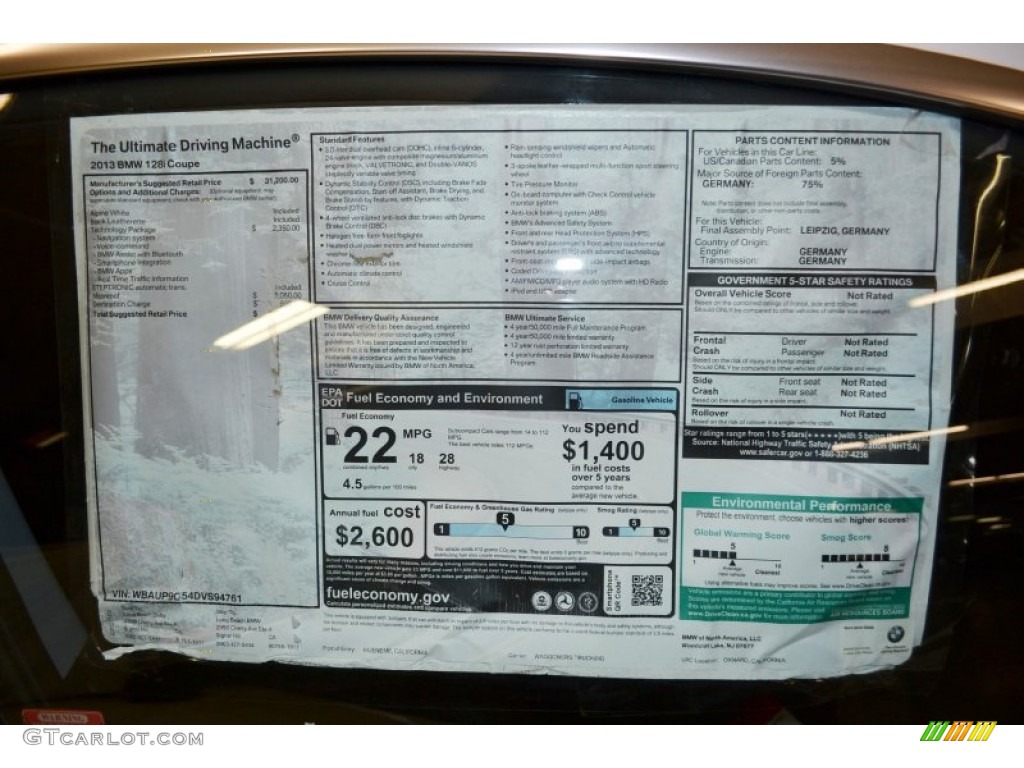 2013 1 Series 128i Coupe - Alpine White / Black photo #4